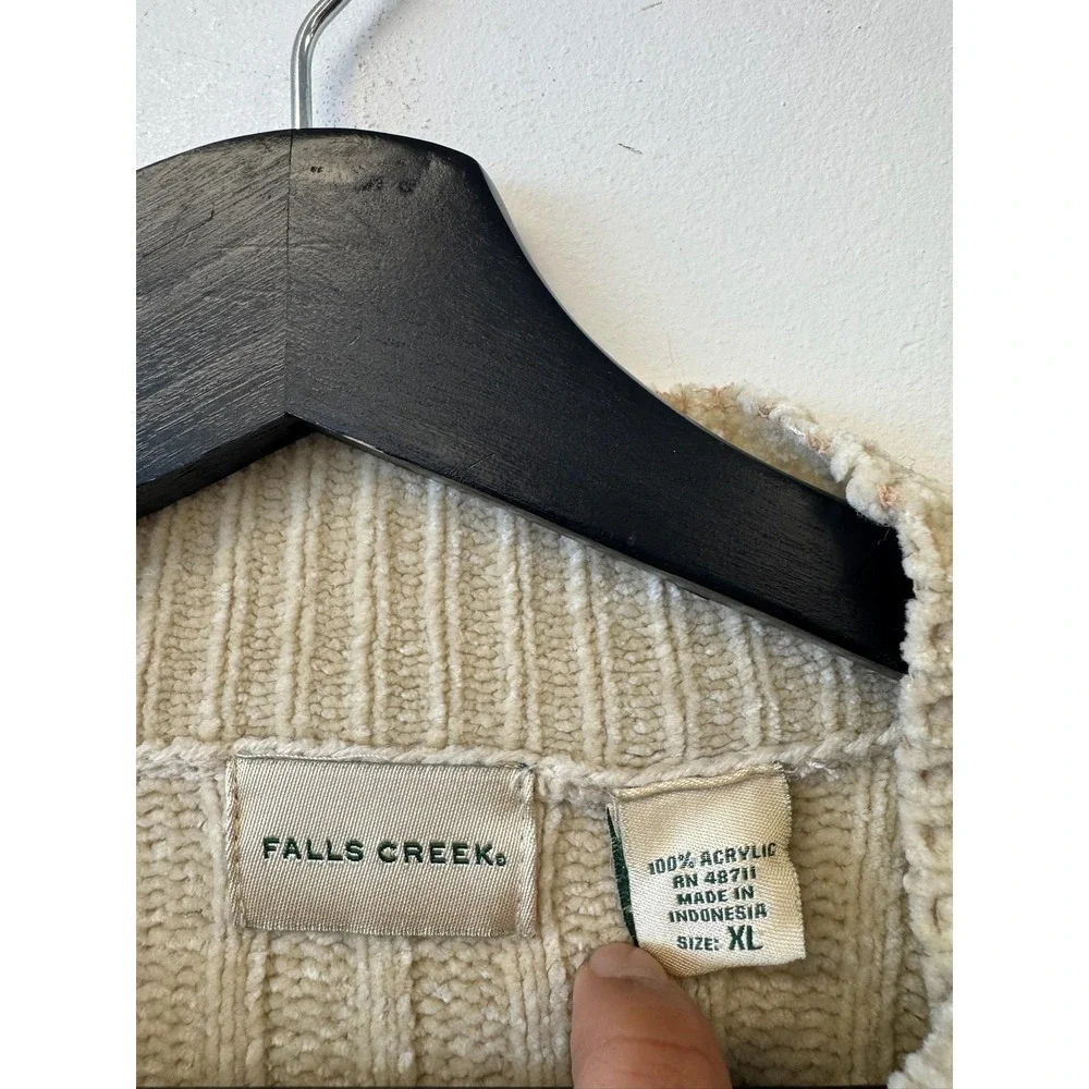 VTG Falls Creek Sweater Mens XL Beige Green Stripe Ribbed Knit Crewneck Pullover